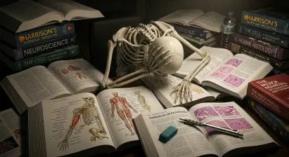 Estudante cansado, cercado de livros, antes do Aprova Universitário