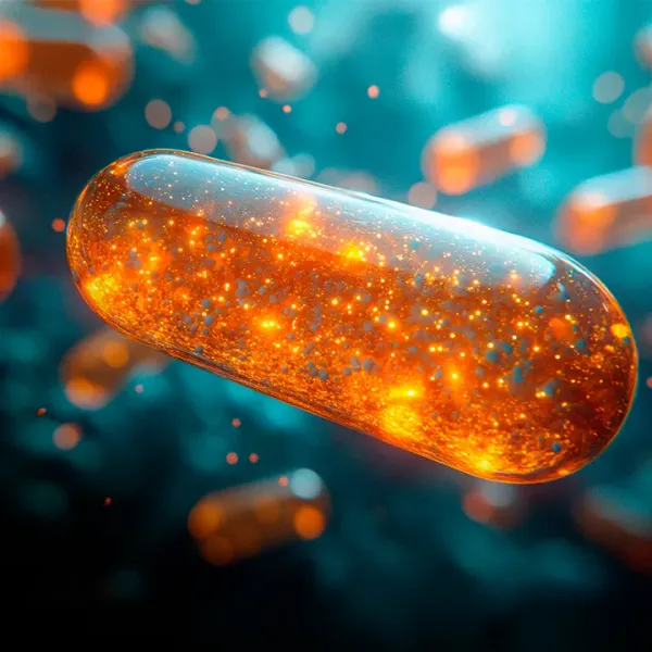 Ilustração de Farmacologia: cápsula de medicamento com partículas
